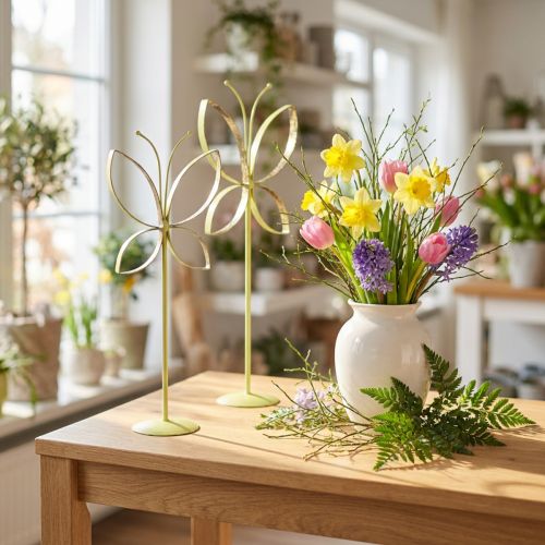 Soporte decorativo de metal mariposa oro verde Al. 29 cm 2 piezas | Floristik24.es