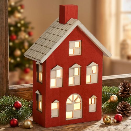 Casita navideña LED Madera Rojo Para batería A19,5cm | Floristik24.es