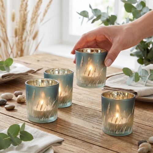 Artículo Farol decorativo de cristal con diseño de hierba para crear ambientes atmosféricos, azul, 8 cm, 4 piezas.