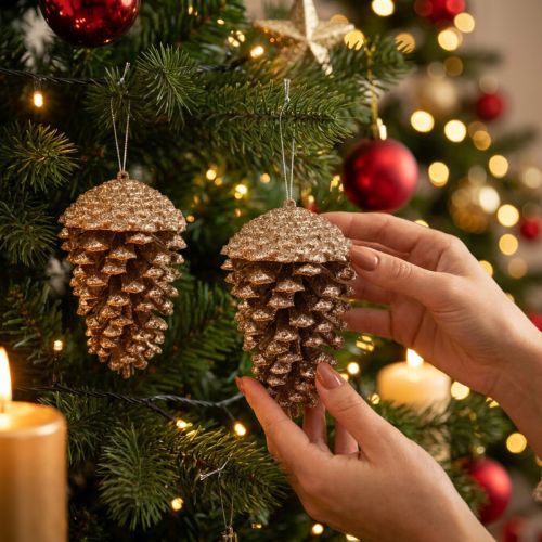 Piñas de pino doradas con purpurina, 13 cm, 4 unidades, adornos para el árbol de Navidad. | Floristik24.es