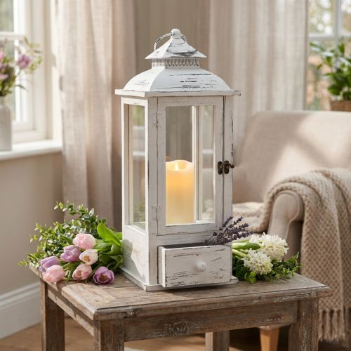 Farol decorativo vintage con cajón blanco 20×20cm H51cm | Floristik24.es