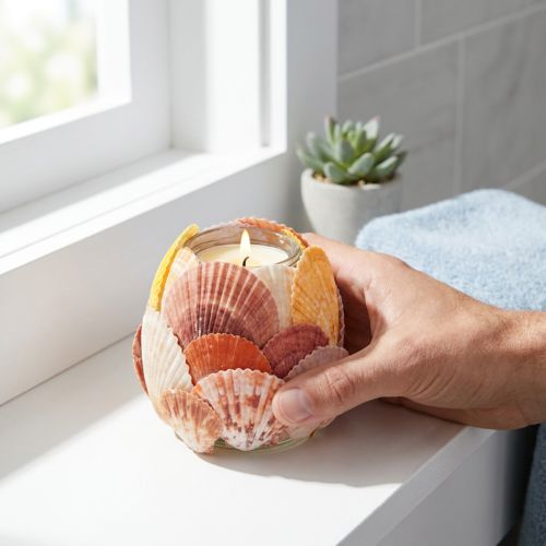 Artículo Portavelas náutico, farol, conchas marinas auténticas, decoración para baño, ambiente festivo, 12 cm