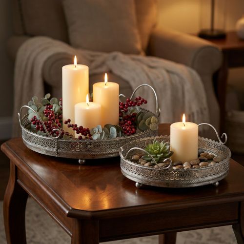 Bandeja vintage, bandeja decorativa plateada, bandeja para velas H6cm Ø31/24cm juego de 2 | Floristik24.es