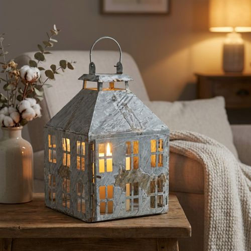 Linterna decorativa vintage casa de luz de metal blanco óxido Al.35cm | Floristik24.es
