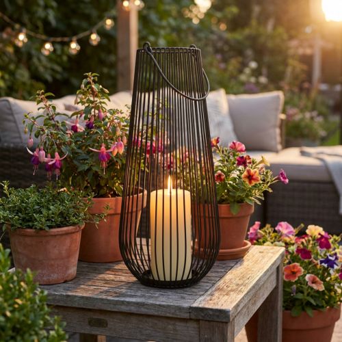 Portavelas farolillo decorativo negro con asa Ø22cm H52cm | Floristik24.es