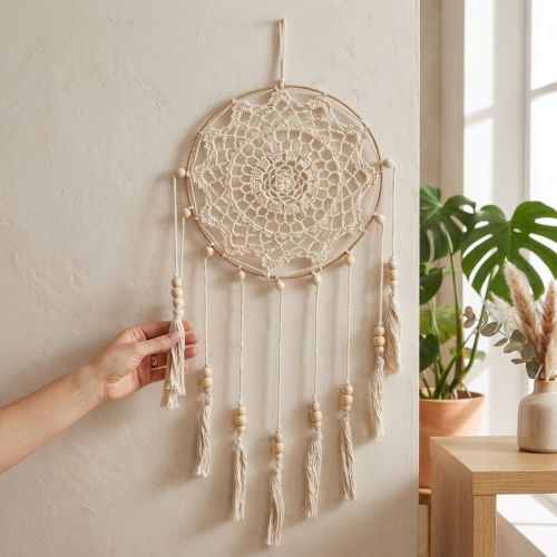 Atrapasueños de macramé para colgar en la pared, estilo bohemio chic, hecho a mano, color crema, diámetro 22 cm, altura 54 cm | Floristik24.es