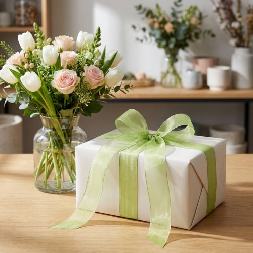 Cinta de organza verde para regalo con orillo verde lima 25 mm 50 m | Floristik24.es