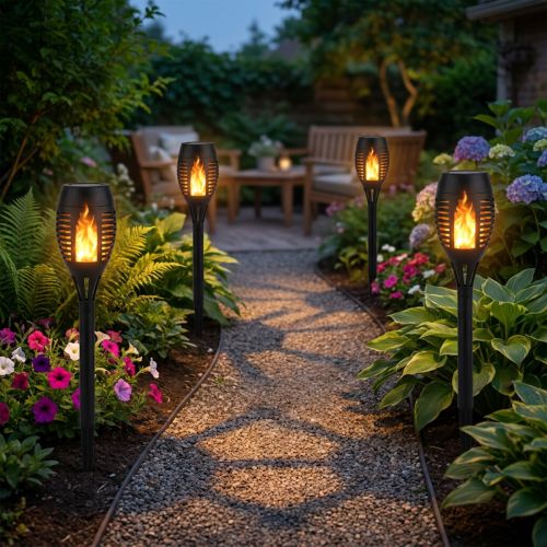 Artículo Antorchas solares LED para jardín, efecto llama, balcón, 38 cm de alto, 4 unidades.