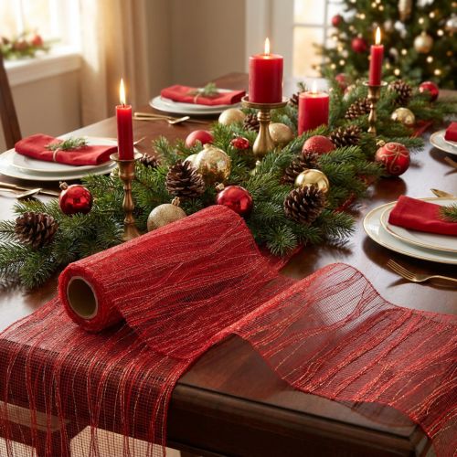 Cinta de mesa roja con oro 26cm x 300cm | Floristik24.es