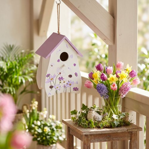 Artículo Casita para pájaros con estampado floral primaveral, decoración para balcón o apartamento, 21 cm