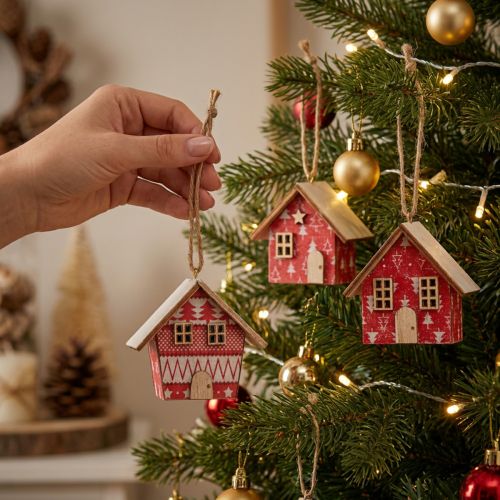 Casitas navideñas rojas para colgar, de papel y madera, 5,5cm, set de 6 | Floristik24.es