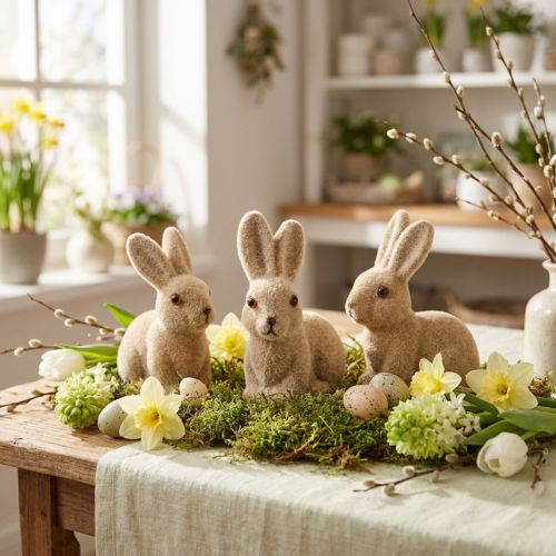 Artículo Conejos de Pascua decorativos flocados sentados – 2.ª opción – Primavera 10 cm 6 piezas