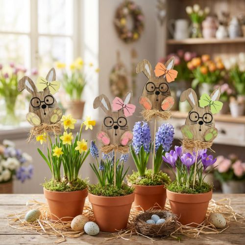 Tapón de flores de madera para Pascua conejito con gafas 8,5 cm 12 piezas | Floristik24.es