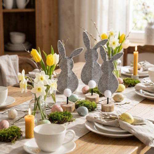 Soporte decoración de mesa decoración conejito de Pascua fieltro gris 28,5 cm 4 piezas | Floristik24.es