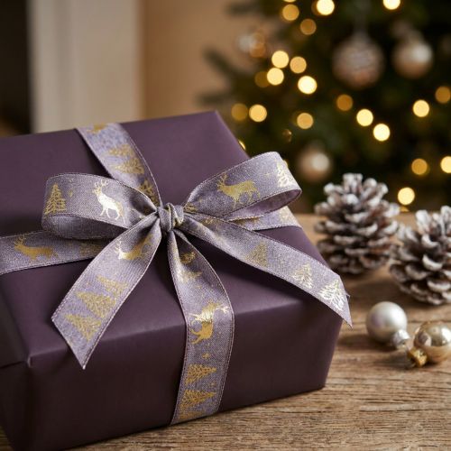 Artículo Cinta de regalo lavanda oro Navidad ciervo 25mm 15m