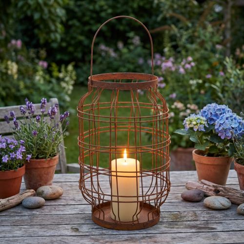 Farol de jardín, metal, acabado oxidado, asa, estilo vintage, Ø19,5 cm | Floristik24.es