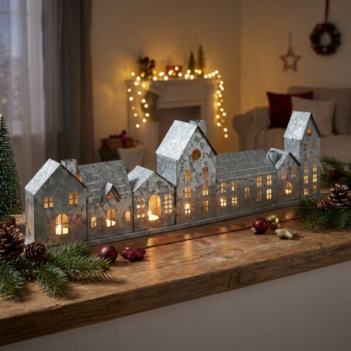 Artículo Hilera decorativa de casas con portavelas, decoración de Adviento, 68 cm