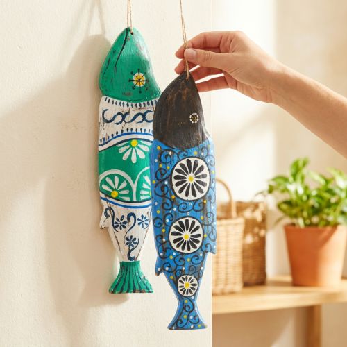 Decoración de madera de peces de colores para colgar azul y verde 38cm 2 piezas | Floristik24.es