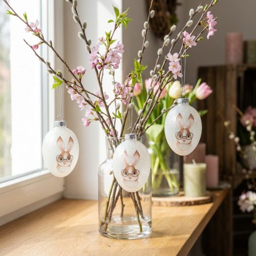 Deco percha vidrio deco huevos conejo con gafas brillo 5x8cm 6pcs | Floristik24.es