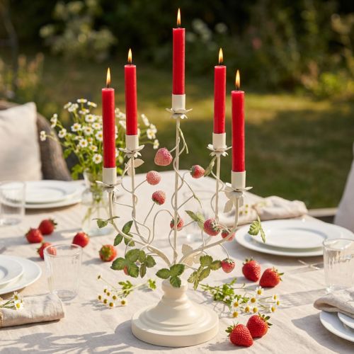 Artículo Candelabro de 5 brazos de metal color crema con decoración de fresas H44cm