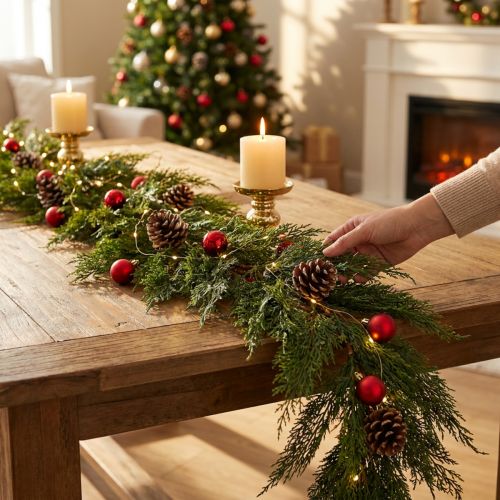 Guirnalda de abeto Thuja verde con frutas, adorno colgante decorativo, decoración navideña, guirnalda artificial festiva, 175 cm de largo | Floristik24.es