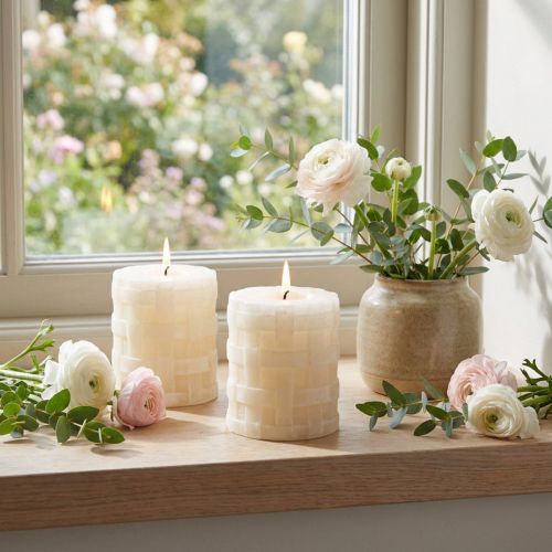 Artículo Velas de pilar rústicas blancas 80/65, juego de 2, decoración vintage segura