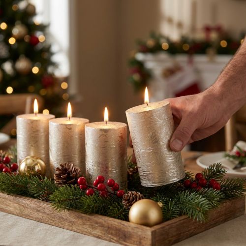Velas de pilar metálicas platino de 70 x 100 mm (juego de 4 piezas): elegante decoración de mesa, velas premium de larga duración. | Floristik24.es