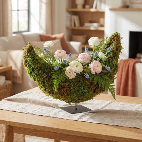 Maceta decorativa de musgo, forma de media luna con base de metal, decoración natural para espacios de estar y celebraciones, 40×15×30cm | Floristik24.es