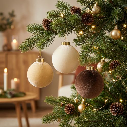 Artículo Adornos navideños con aspecto de terciopelo, mezcla de colores cálidos, 8 cm, 12 unidades.