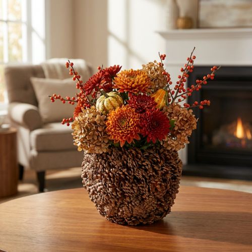 Artículo Maceta decorativa con piñas, aspecto natural, 27 cm. Maceta redonda con forma de piña, color marrón natural, hecha de piñas, 27 cm x 22 cm.