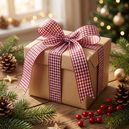 Cinta de regalo Cuadros Burdeos 25mm 20m | Floristik24.es