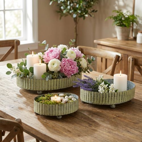 Artículo Bandeja para decorar, bandeja para velas ovalada, decoración de metal plata, verde shabby chic L25/22/18cm H6cm juego de 3