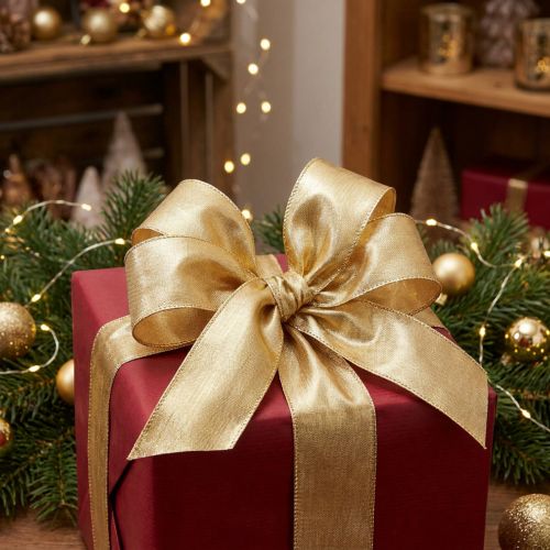 Cinta de regalo dorada con borde de alambre 40mm 25m | Floristik24.es