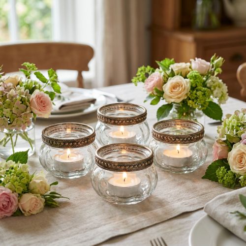 Artículo Portavelas de cristal con borde decorativo de metal, 6 cm, 4 unidades