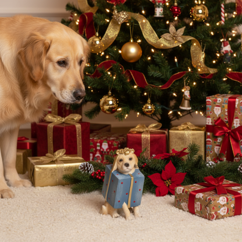 Figura decorativa de perro, cachorro sentado, en caja de regalo, 20 cm. | Floristik24.es