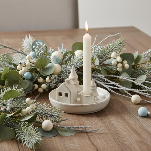 Artículo Portavelas decorativo de cerámica con casa y árboles, 16 cm