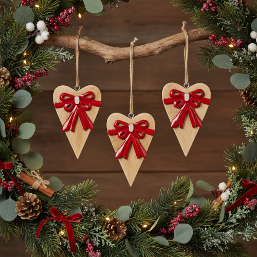 Corazón de madera con lazo, corazón colgante, 14 cm, 3 piezas | Floristik24.es