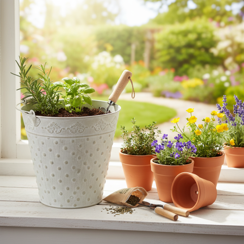 Cubo decorativo, blanqueado, con asa, Ø20,5 cm, maceta decorativa de metal. | Floristik24.es