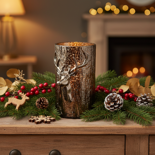 Artículo Portavelas de cristal con relieves de cabeza de ciervo y árbol, decoración invernal, 26 cm.