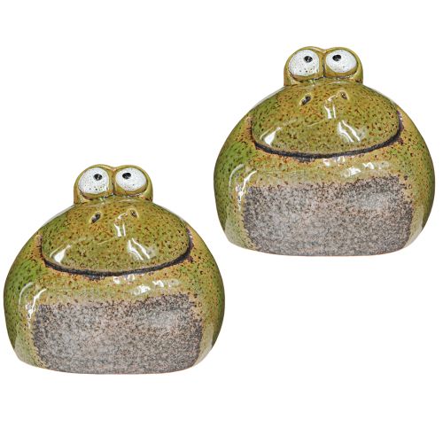 Artículo Decoración de rana cabeza de rana de cerámica verde marrón Al. 10,5 cm 2 piezas