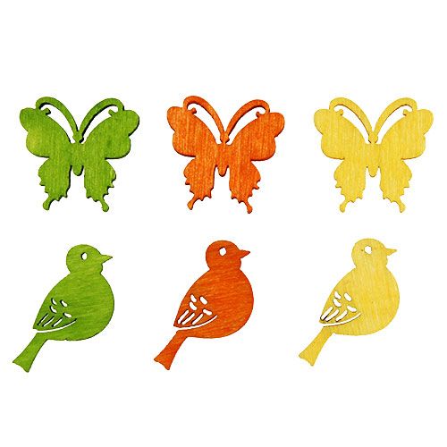 Artículo Decoración decorativa de madera con diseño de pájaros y mariposas, colorido, 2 cm, 144 piezas