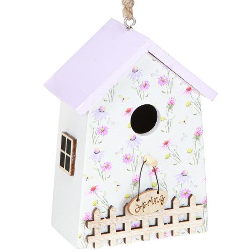 Casita para pájaros decorativa de primavera color lila y blanco, 11 cm de alto, 3 unidades