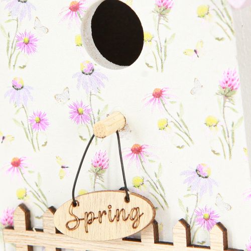 Artículo Casita para pájaros decorativa de primavera color lila y blanco, 11 cm de alto, 3 unidades