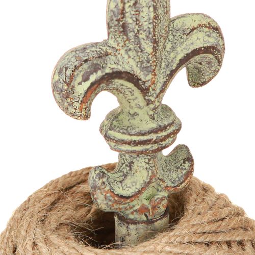 Artículo Portacarrete de hilo decorativo antiguo de metal con lirio y yute 20,5cm