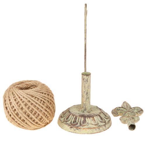 Artículo Portacarrete de hilo decorativo antiguo de metal con lirio y yute 20,5cm