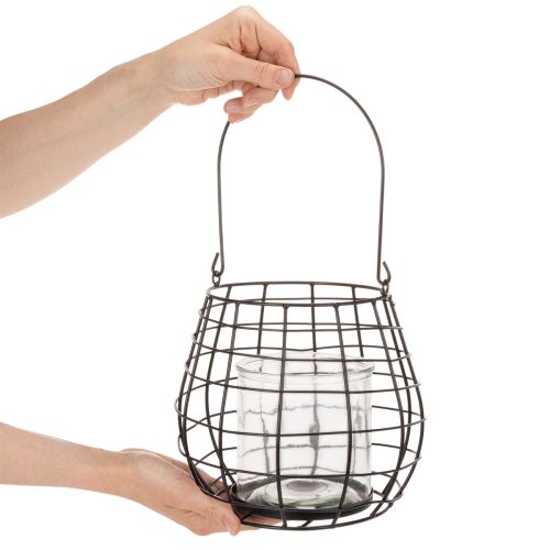 Farol de jardín con portavelas de cristal, negro, Ø20cm, H18,5cm | Floristik24.es