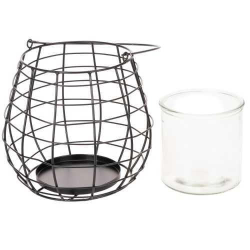 Farol de jardín con portavelas de cristal, negro, Ø20cm, H18,5cm | Floristik24.es