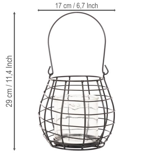 Farol de jardín con asa, negro, portavelas de cristal, Ø17cm, H15cm | Floristik24.es
