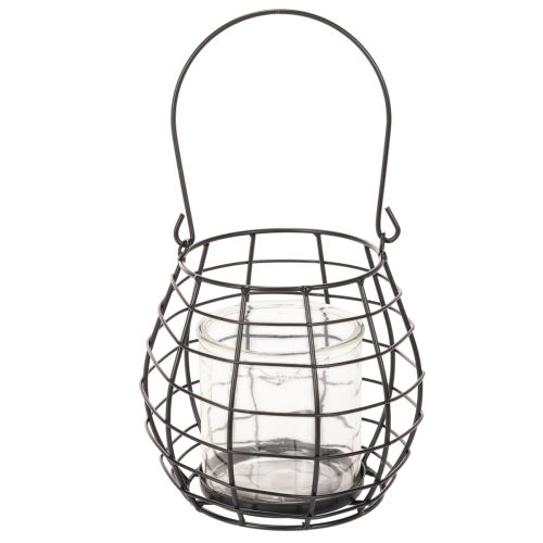 Farol de jardín con asa, negro, portavelas de cristal, Ø17cm, H15cm | Floristik24.es