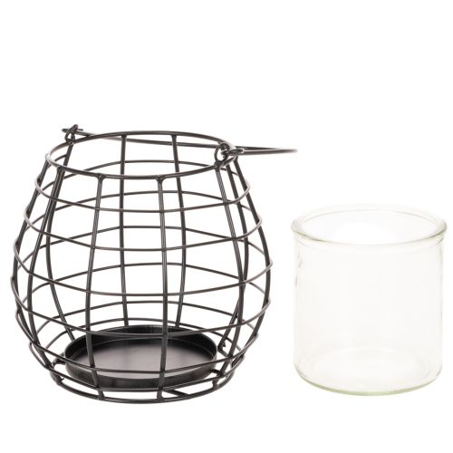 Farol de jardín con asa, negro, portavelas de cristal, Ø17cm, H15cm | Floristik24.es